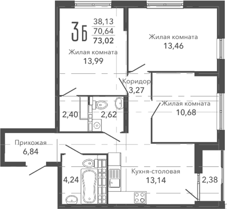 Планировка 3-к.кв, 73,02 м² в ЖК Шишкин. Жилая среда
